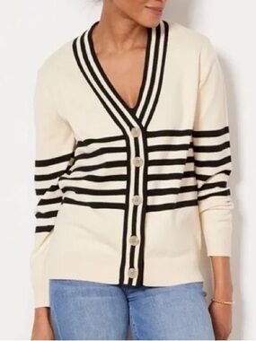 Evereve Joelle Striped Boyfriend Cardigan — Size Small